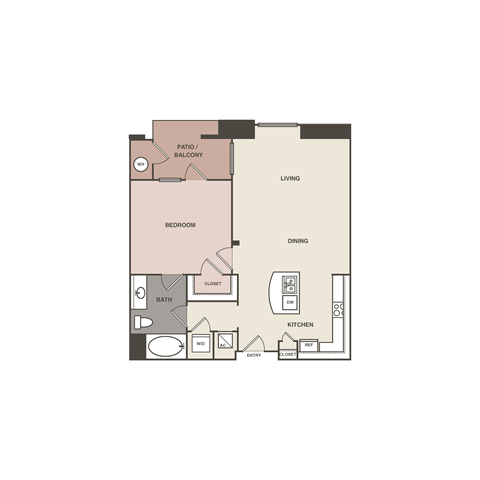 Floor plan for 1 bed, 1 bath, 785 sqft